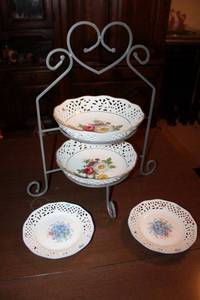 lot 629 image: Lace trim porcelain dishes and metal plate holder, see markings in photos