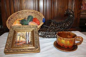 lot 686 image: Metal cornucopia, vintage flower pot, Signed painting marked Acrylic Aspens and gords