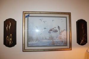lot 690 image: wall art duck print with pair of metal cattail sculptures