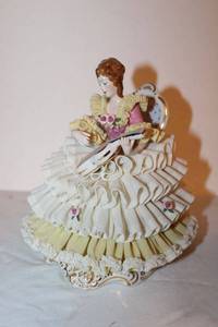 lot 722 image: Dresden Porcelain Woman figurine in yellow lace dress - 7 tall