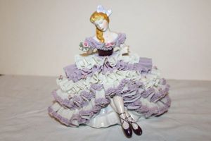 lot 723 image: Dresden Porcelain Woman figurine in purple lace dress - 7 tall