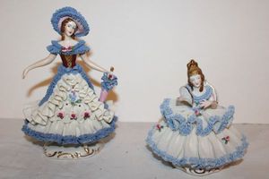 lot 721 image: (2) Dresden Porcelain Woman figurines in blue lace dress - 5-7 tall