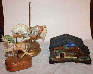 lot 815 image: Horse carousel figurines and Log cabin jewelry box as shown