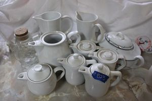 lot 823 image: White serving dishes - Weiden set, Schumann lidded dish, Clear pitcher with cork