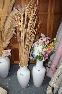 lot 871 image: (2) white vases (22 and 27 tall) with flowers and cat tails