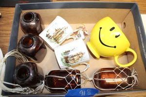 lot 918 image: Glassware - brown jars, yellow smile mug, Elizabethan mugs