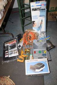 lot 942 image: Tools Paint stick, drill bits, hand saws, Socket wrench, tarp, knee pads and more