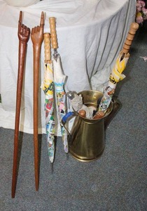 lot 944 image: Brass jar with umbrellas and wooden canes