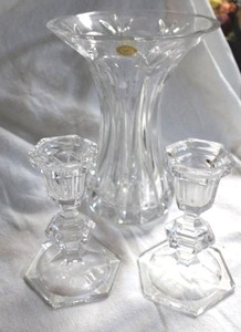 lot 964 image: Lead Crystal vase (marked) and candleholders (unmarked)