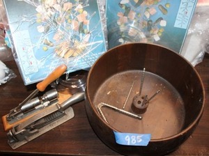 lot 985 image: Wooden nut bowl and hand nut crackers plus plastic appetizer trees