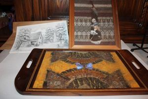 lot 990 image: Artwork Butterfly wing tray, painted feather, prints, see photos