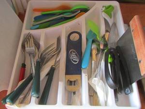 lot 332 image: SILVERWARE TRAY W FORKS, BOTTLE OPENER, SPOONS, SCRAPPER, SISSORS PLUS