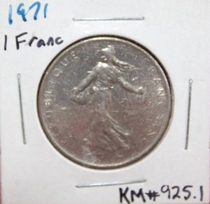 lot 327 image: 1971 French 1 Franc Coin