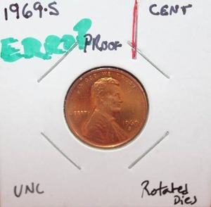 lot 338 image: RARE ERROR 1969 S Lincoln Cent PROOF Rotated Dies