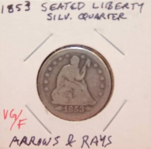 lot 6 image: Silver 1853 Seated Liberty Quarter with Arrows and Rays