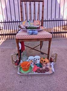 lot 456 image: Way Cool Lot of Home Decor Items Including a Vintage Bamboo Chair and Baked Apple Bakeware