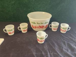 lot 151 image: Vintage Currier & Ives milk glass Egg Nog punch bowl and 5 cups