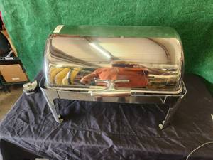 lot 221 image: Stainless Steel rolltop chafer - no tray, hinge needs put in position