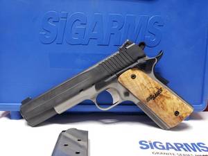 lot 602 image: BEAUTIFUL Sig Sauer GSR Revolution TTT 1911 .45 Auto w Wood Grips, Magazine & Case