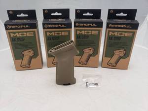lot 844 image: MAGPUL MOE AK Pistol Grip for AK 4774   Dark Earth - QUANTITY 4 - BID IS TIMES THE QUANTITY