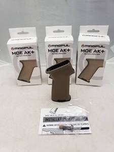 lot 848 image: MAGPUL MOE AK Pistol Grip for AK 4774   Dark Earth - QUANTITY 3 - BID IS TIMES THE QUANTITY