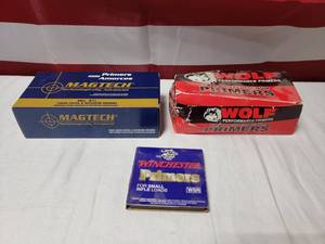 lot 1352 image: Lot of Misc Primers.  Includes 1,000 Magtech No 2 12 Large Pistol Primers, 400 Wolf Small Rifle Primers & 100 Winchester Small Rifle Primers