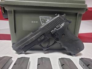 lot 1102 image: Sig Sauer P226 Stainless 9mm Para Pistol w 5 Magazines, Magazine Holster, Leather Gun Holster & Plastic Ammo Can Storage