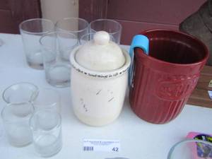 lot 42 image: ice bucket, glass drinking glasses, covered canister