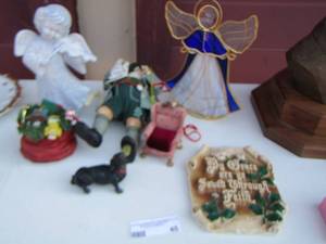 lot 45 image: Stainglass angel, Santa bag dcor, mini chair, dog figurine, Santa figurine and more