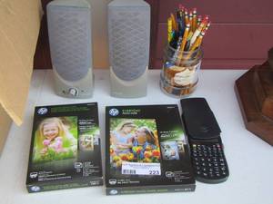 lot 58 image: Computer speakers  QTY 2 , calculator, pencils and pens, hp photo paper