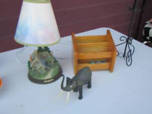 lot 90 image: Thomas Kinkade lamp, elephant, wooden desk organizer, jewelry stand