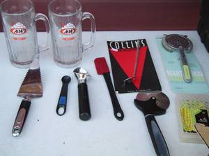 lot 114 image: 2 A & W Root beer mugs, utensils and a drink strainer and more