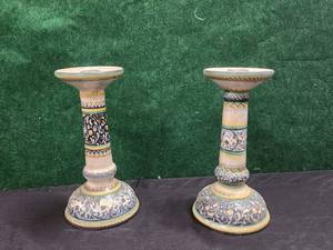 lot 130 image: Pair of hand painted Italian candlestick holders