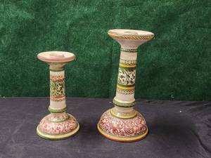 lot 195 image: Selection of 2 hand painted Italian candlestick holders - signed