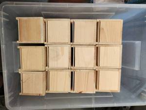 lot 144 image: Bin of wood wine bottle gift boxes or great for crafts