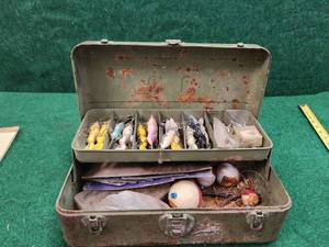 lot 196 image: Metal tackle box with fishing lures and more