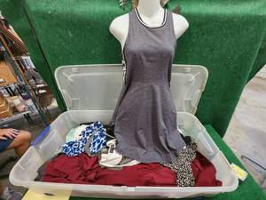 lot 246 image: Bin of womens clothes and wall mannequin