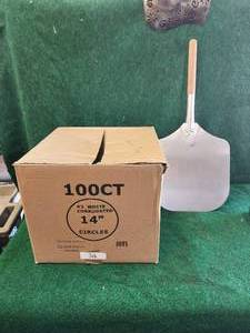 lot 316 image: Pizza lot box of 14 corrugated circles and pizza peel