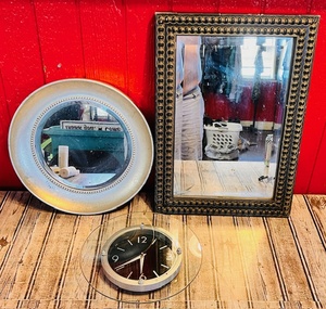 lot 154 image: Two (2) Unique Vintage Wall Mirrors &amp Clock
