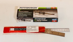 lot 26 image: Pittsburgh 4 Stainless Steel Metric SAE Digital Caliper &amp Set of Two (2) 6150mm X 0.9mm Machinists Rulers