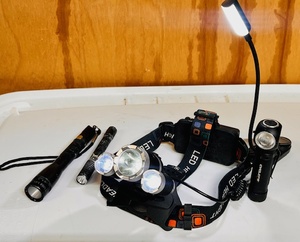 lot 110 image: LED Headlamp, Three (3) Flashlights, &amp Clip-On LED Lamp