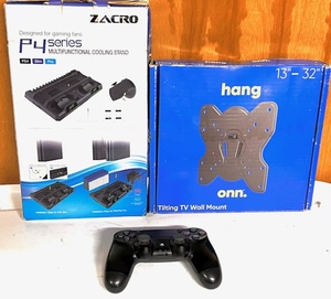 lot 161 image: Zacro P4 Series Multifunctional Cooling Stand, ONN Hang 13-32 Tilting TV Wall Mount, &amp Wireless PlayStation Controller&nbsp