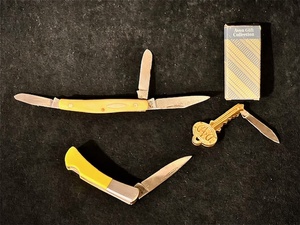 lot 117 image: Vtg Schrade Walden 835Y Yellow 3 Blade Stockman Folding Pocket Knife, Prima Lockblade Knife, &amp Avon Keychain Pocket Knife for Dad