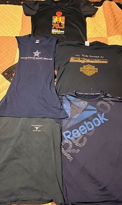 lot 145 image: Five (5)Size Large Cool Themed T-Shirts - Including Harley Davidson U. S. Secret Service, ROT Biker Rally, Reebok, &amp Ironman Triathlon