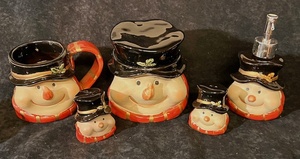 lot 231 image: Kirkland Potters Garden Ceramic Snowman Head Cookie Candy Jar- Container, Salt &amp Pepper Shakers, CoffeeHot Chocolate Mug, &amp Soap Dispenser&nbsp