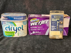 lot 182 image: Rule Home Dry Cleaning Starter Kit, Swifter WetJet Box of 12 Pad Refills, &amp Atwood Vinyl and Leather Repair Kit