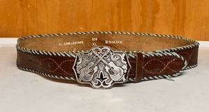 lot 195 image: Vintage XL Genuine Leather Enmon Belt &amp Buckle WMusic Theme