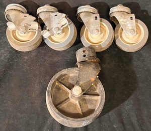 lot 221 image: Set of Four (4) Casters W 4 Wheels - Two With Set Brakes &amp One (1) Caster W 6 Wheel