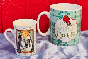 lot 224 image: Debbie Mumm Caroling Penguins CupMugs &amp Holiday Market Dear Santa Am I on The Nice List Stoneware Mug