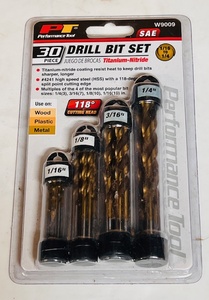 lot 252 image: Performance Tool 30 Piece Titanium-Nitride Drill Bit Set